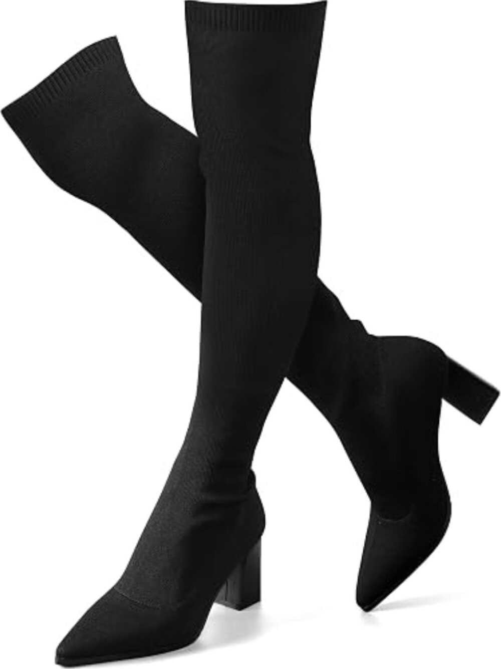Black Over-the-Knee Stretch Boots with Block Heel